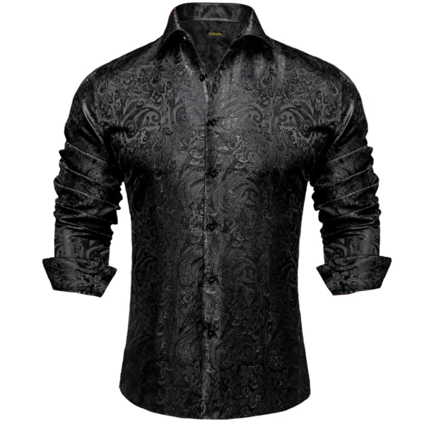 Men’s Long Sleeve Black Paisley Silk Dress Shirts Casual Tuxedo Social Shirt Luxury Designer Men Clothing