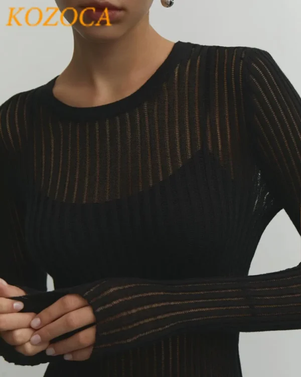 Kozoca Fashion White Elegant Striped See Through Women Tops Outfits Long Sleeve T-Shirts Tees Skinny Club Party Chic Clothes - Image 2