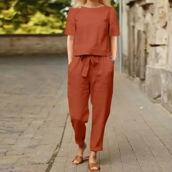 Women's Cotton Linen Suit Summer Matching Suit Half-sleeved Round Neck Tie Elastic Waist Trousers Wide-leg Pants Retro Suit 2024 - Image 3