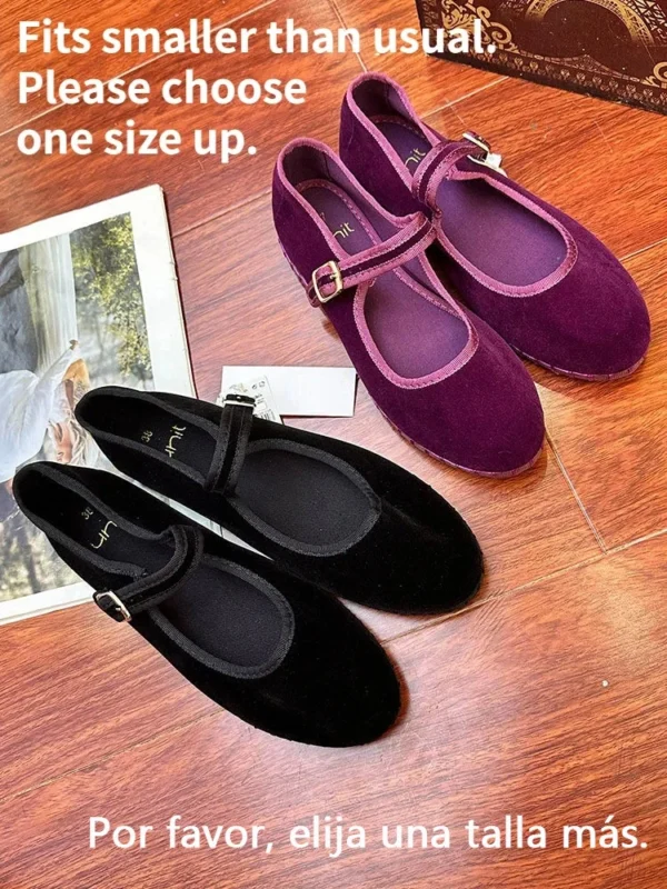 Velvet Mary Jane Shoes for Women Hand Stitch Casual Streetwear Ballet Flats Pumps Female Solid Color Red Cloth Shoes Loafers - Image 2