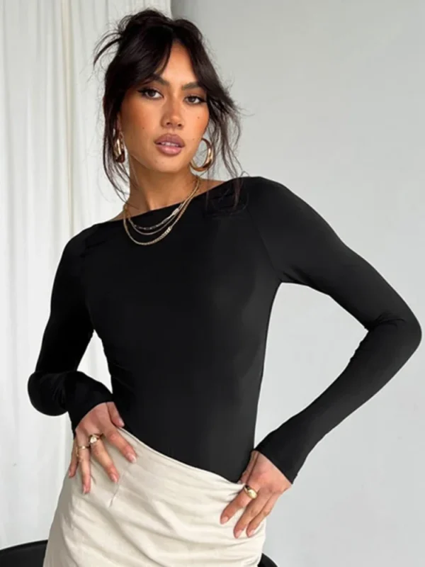 Long Sleeve Black T-Shirt Women Autumn Slim Tops Round Neck Solid Color Female Tops 2023 Casual Winter Tee Base Layer - Image 5