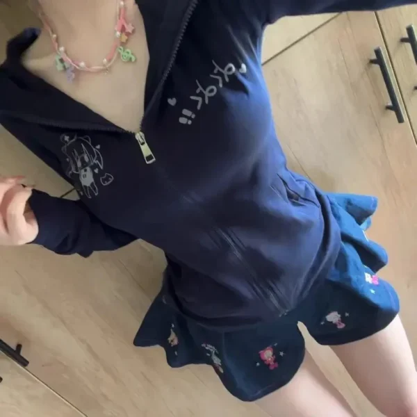 Japanese Y2k Aesthetic Cartoon Print Tshirts Women Turn Down Collar T-shirt Streetwear Slim Zipper Bottoming Tee Shirts Femme - Image 2