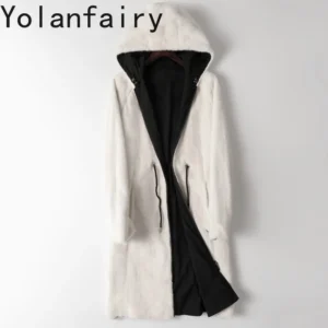 YOLANFAIRY Genuine Mink Fur Jacket for Men, Reversible Hooded Mid-Long Goose Down Winter Coat