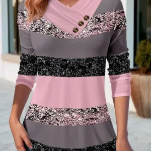 Autumn Striped Color Pullover Sweater Women Casual Fashion Slim Tees T-Shirt Long Sleeve v Neck Button Ladies Tops Blouse