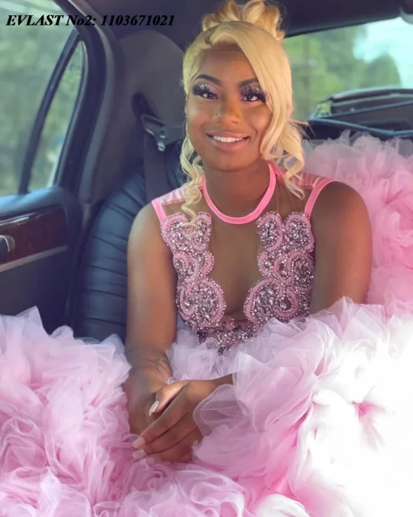 EVLAST Customized African Blush Pink Mermaid Prom Dress For Black Girls Crystal Beaded Ruffles Formal Party Evening Gown E2P85 - Image 3