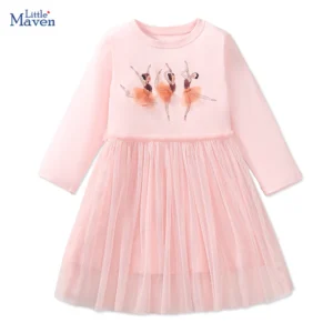 Little maven Kids Clothes Children's Clothing 2024 Autumn Cotton Baby Girls Cartoon Ballet Dancer Long Sleeves Dresses 2-7 year