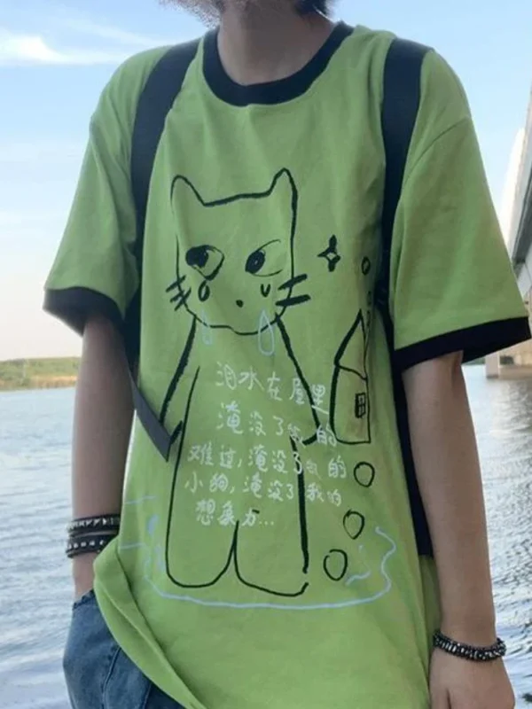 Y2k Aesthetics T-shirt Women Japanese Harajuku Grunge Cartoon Print Tops E-girl Fairycore Contrast Color Cute Graphic T Shirt - Image 4