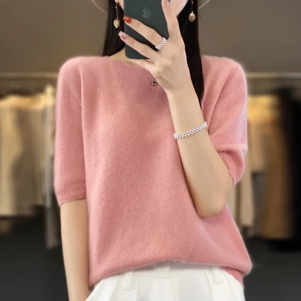 Fashion short half sleeve cashmere women's sweater 100% pure merino wool round neck pullover T-shirt - Image 3