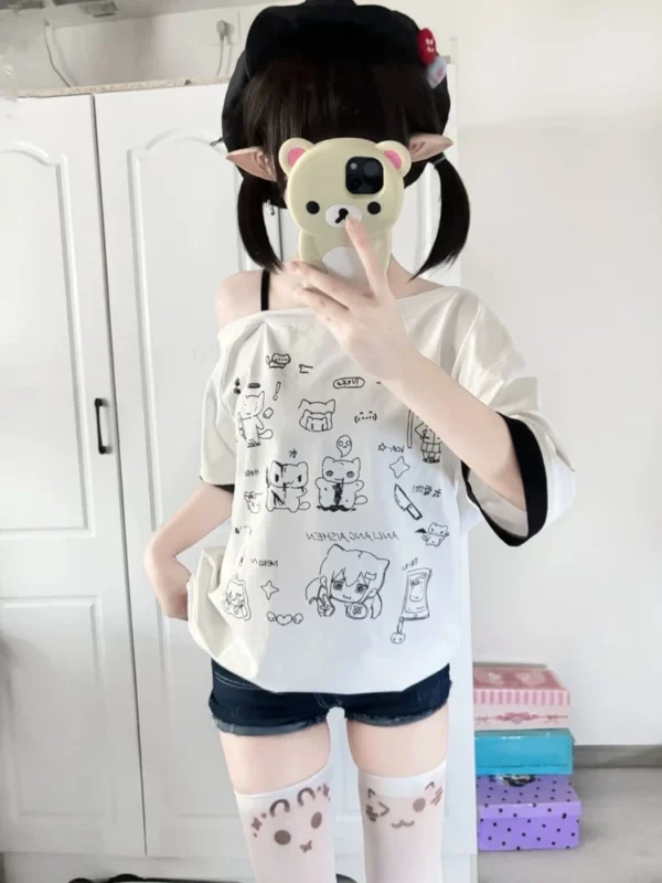 HOUZHOU Y2k Harajuku PatchworkT Shirts Women Japanese Style Kawaii Sweet Gothic Cartoon Print Loose Tees Tops Soft Gril 2024 - Image 5
