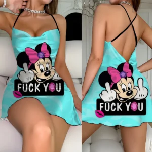 Crew Neck Lettuce Trim Backless Dress, Minnie Mouse Disney Elegant Summer Slip Dress for Women