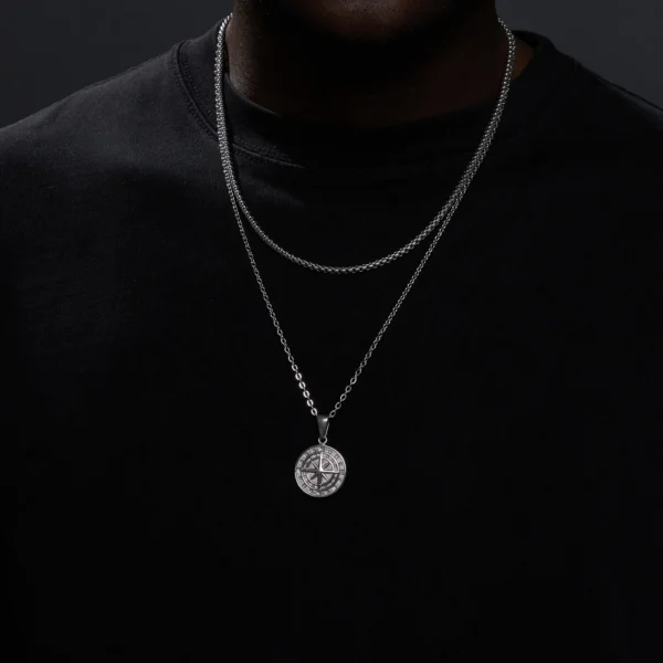 Vnox Layered Necklaces for Men, Sailing Travel Compass Pendant, Stainless Steel Cuban Figaro Wheat Chain, Casual Retro Collar - Image 2