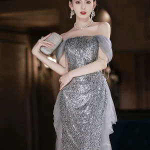 Gorgeous Silver Gray Cocktail Dress Boat Neck Off the Shoulder Lace-up Tassel Detachable Train Woman Celebrity Prom Gown