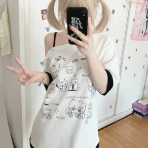 HOUZHOU Y2k Harajuku PatchworkT Shirts Women Japanese Style Kawaii Sweet Gothic Cartoon Print Loose Tees Tops Soft Gril 2024