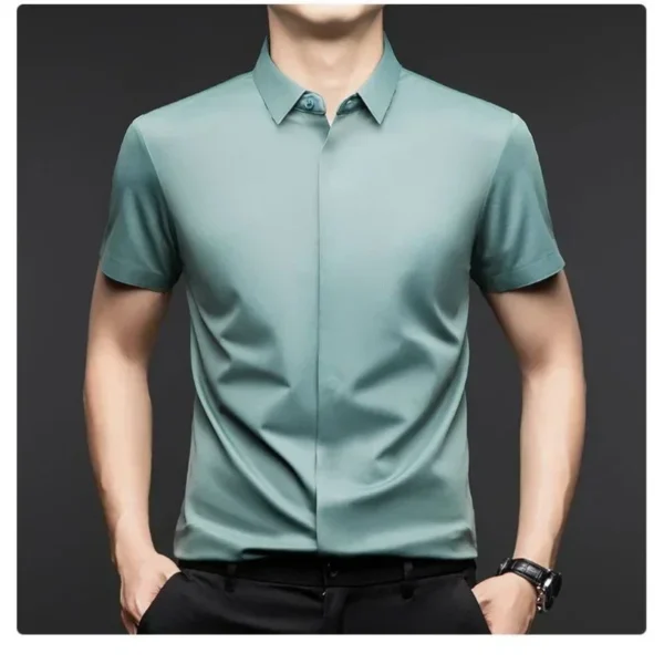 Luxury Mulberry Silk Dress Shirts for Men, engineered with wrinkle-resistant fabric and an invisible button design for a polished, high-end appearance. A true statement of refined fashion. - Image 2