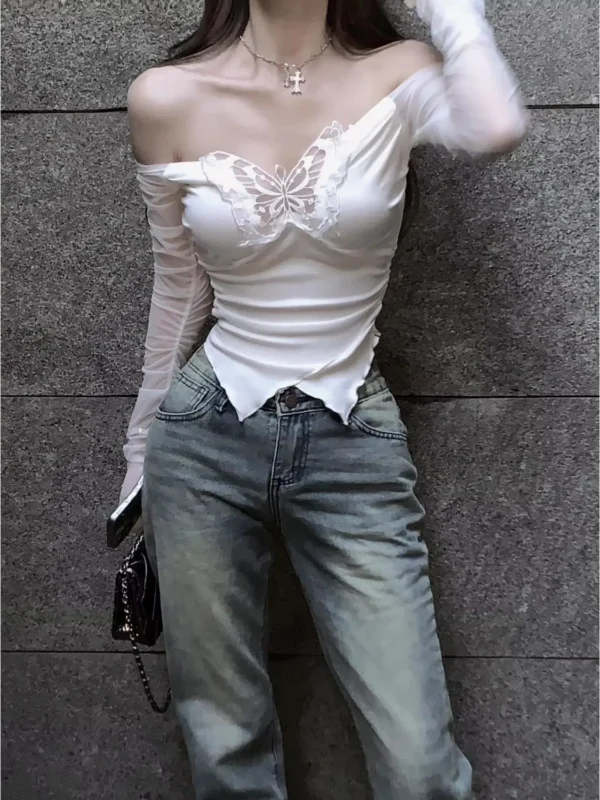 Deeptown Korean Style Off Shoulder T-Shirts Women Aesthetic Butterfly Cropped Mesh Tops Sexy Coquette Y2k Kpop Long Sleeve Tees - Image 5