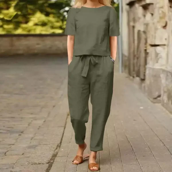 Women's Cotton Linen Suit Summer Matching Suit Half-sleeved Round Neck Tie Elastic Waist Trousers Wide-leg Pants Retro Suit 2024 - Image 4