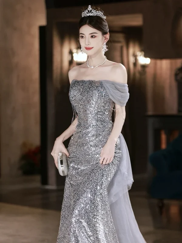 Gorgeous Silver Gray Cocktail Dress Boat Neck Off the Shoulder Lace-up Tassel Detachable Train Woman Celebrity Prom Gown - Image 2