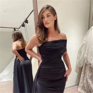 QingHaiZhiBin Pleats with Side Train Draped High Slit Prom Dress Elegant Party Gown Wedding Satin Formal Evening Party Women Dre