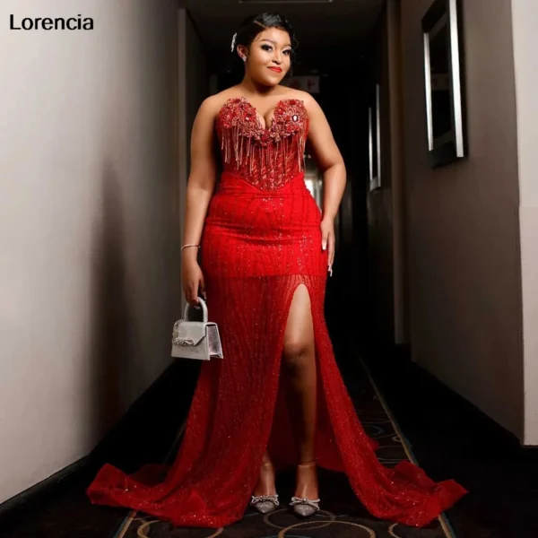 Lorencia Customized African Red Beaded Prom Dress Luxury Lace Tassels Aso Ebi Formal Party Gown Black Women Evdning Dress YPD218