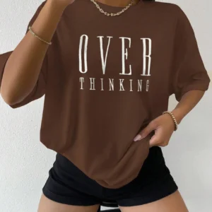 Overthinking Letter Print Women Cotton Short Sleeve Breathable Vintage O-Neck Tops Casual T-Shirts