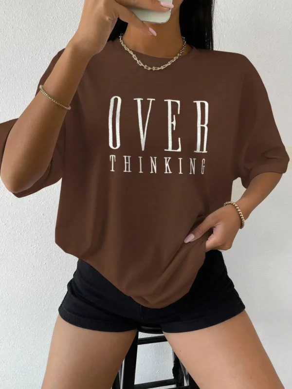 Overthinking Letter Print Women Cotton Short Sleeve Breathable Vintage O-Neck Tops Casual T-Shirts
