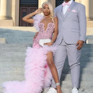 Pink African American Long Prom Dresses For Black Girls Mermaid Sheer Ruffled Crystals Women Party Evening Gown Customized