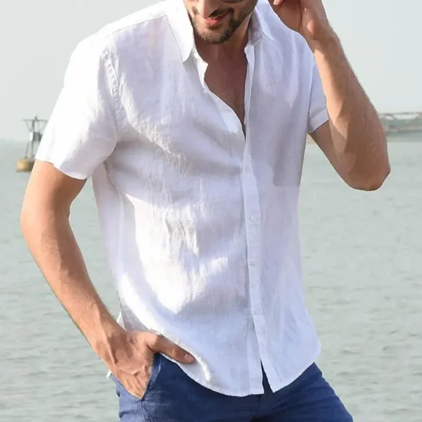 Classic Summer Cotton Linen Shirt for Men, a lightweight, short-sleeved button-up with a turn-down collar, perfect for casual or beachwear. - Image 4