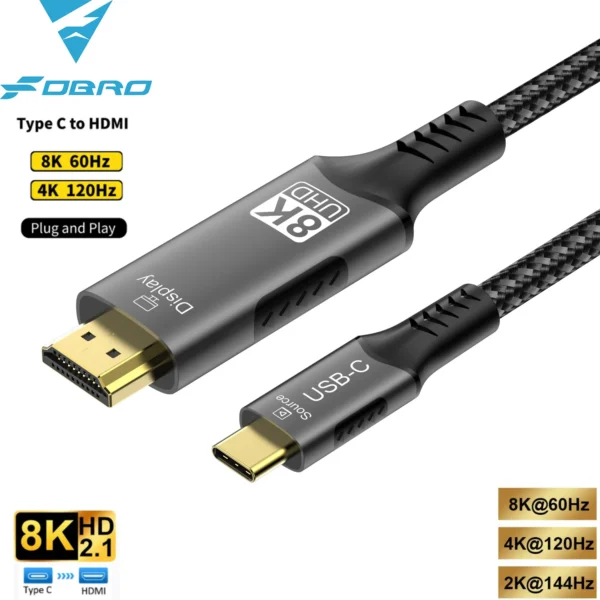 USB-C to HDMI Cable 8K at 60Hz 4K at 120Hz Type-C to HDMI-Compatible HDTV Cable for TV Converter MacBook Air iPad USB-C HDMI Adapter – Ultra HD Display Support