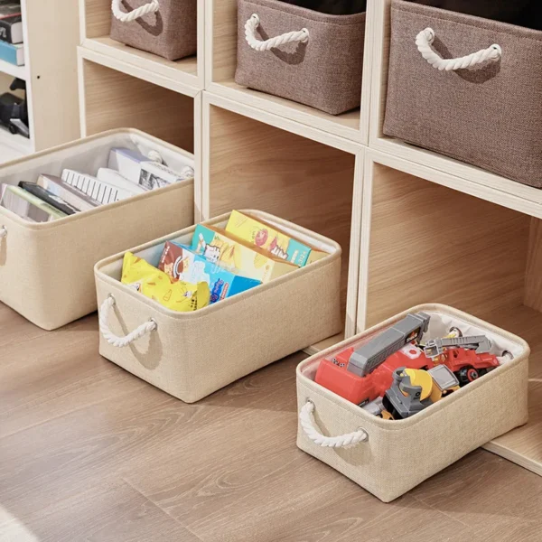 1Pc Beige/Grey Folding Storage Basket Linen Storage Fabric Wardrobe Office Bedroom Closet Toys Laundry Basket With Handle - Image 2