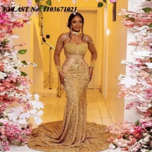 EVLAST Customized Gold Aso Ebi African Prom Dress Sparkly Sequins Beaded Mermaid Wedding Guests Gown Formal Party Dress P123