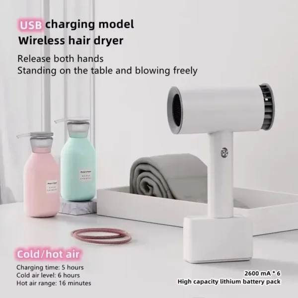 Portable Wireless Hair Dryer Travel Portable Fast Dry Hair Lithium Battery Rechargeable Blow Dryer Strong Wind Plug In Hot Air - Image 4
