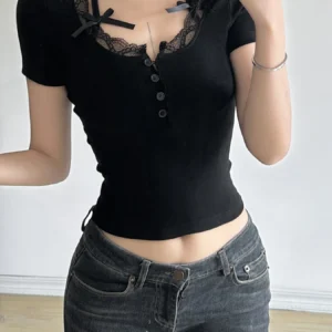 Halter Neck Lace Trim Bow Cute Black Y2K T-Shirt Women Button Up Slim Short Sleeve White Tees Sweet Balletcore Clothing