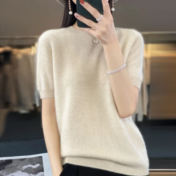 Fashion short half sleeve cashmere women's sweater 100% pure merino wool round neck pullover T-shirt - Image 5