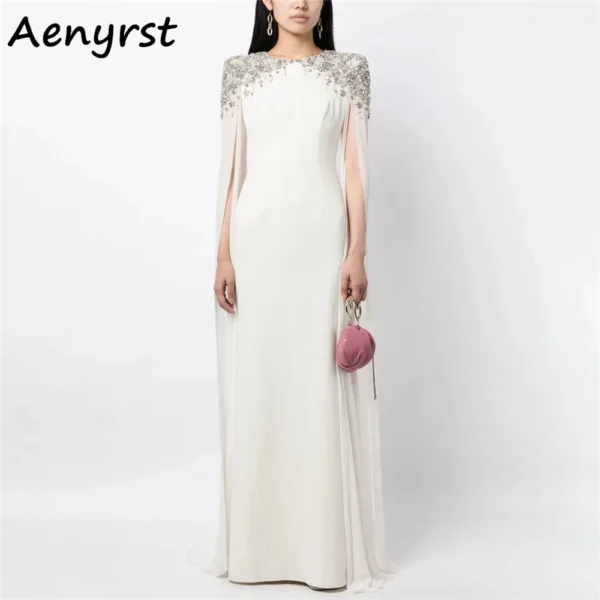 Aenyrst Dubai O-Neck Long Sleeves Beaded Prom Gown Straight Crystal Floor-Length Evening Gowns Formal Occasion Dress customized