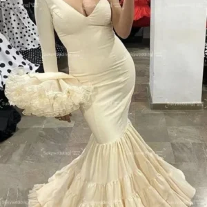 Champagne Flamenco Dress Women Mermaid Prom Dresses Customized Spanish One Shoulder Long Sleeves Evening Formal Party Wear