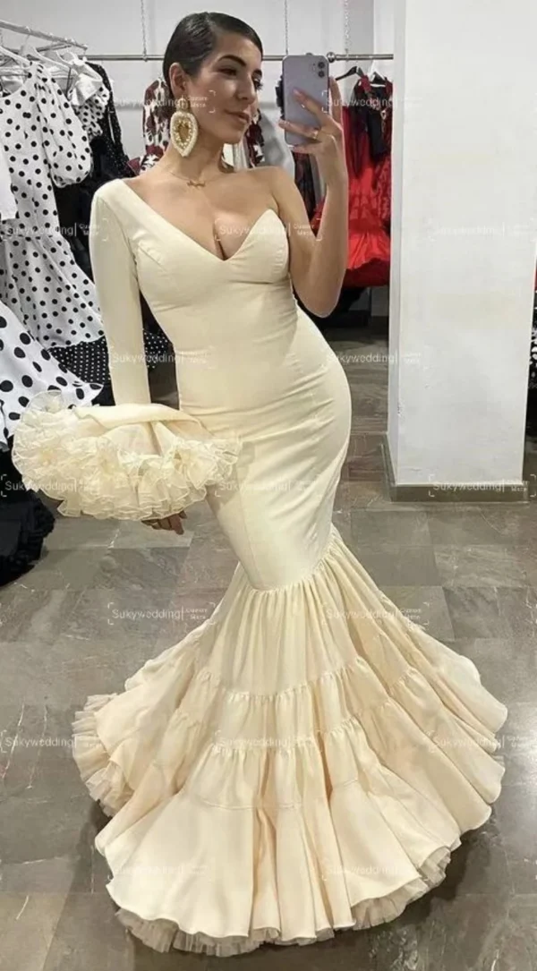 Champagne Flamenco Dress Women Mermaid Prom Dresses Customized Spanish One Shoulder Long Sleeves Evening Formal Party Wear