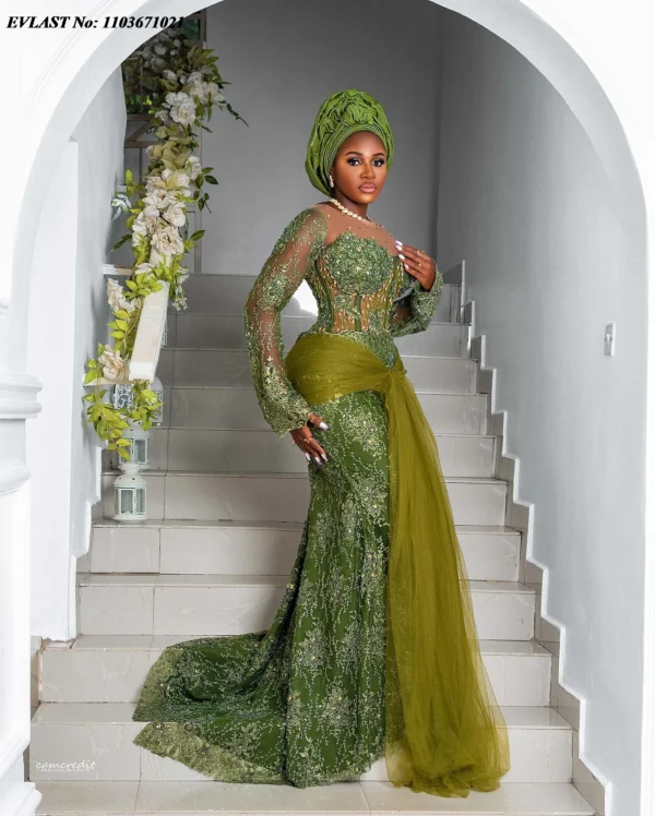 EVLAST Customized Asoebi Green Lace Evening Dress African Women Formal Long Sleeves Beaded Nigerian Party Dress Gala Gowns P174 - Image 2
