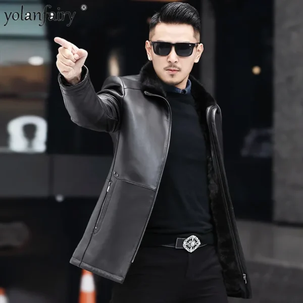 Genuine Leather Jacket for Men, Sheepskin Mink Fur Liner, Slim Wear Mid-Lapel Coat - Image 2