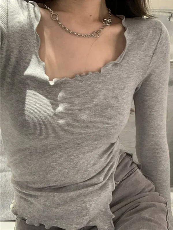 Long Sleeve T-shirts Women Fungus Line Irregular Hem Knitted Slender Autumn Bottoming Tees Chic Fashion Sexy Solid Ulzzang New - Image 3