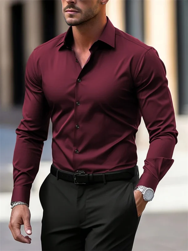 2025 Men's Shirt Business Button Down Shirt Summer Solid Color Long Sleeve Lapel Vacation Shirt Fashion Temperament Casual Tops - Image 3