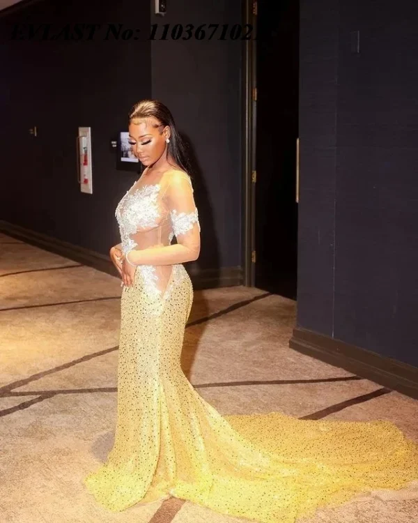 EVLAST Customized African Gold Mermaid Prom Dress Lace Beaded Aso Ebi Formal Party Gowns Wedding Reception Birthday Dress P162 - Image 4