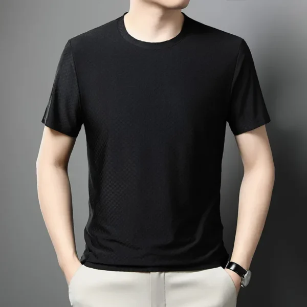 Breathable Bamboo Ice Silk T-Shirt Loose Cool Plaid Men's Short Sleeve Round Neck Outdoor Top Summer Soft Sweat-Absorbing Tee - Image 2
