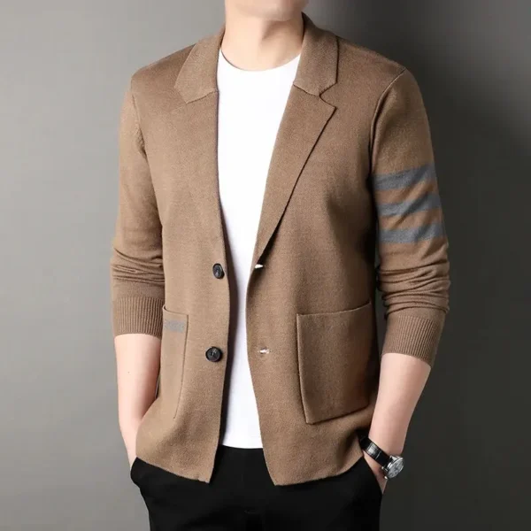 Brand Embroidered Sweater Cardigan, a classic Korean-style knitted coat designed for the modern man. The striped trend meets premium craftsmanship for a timeless look. - Image 6