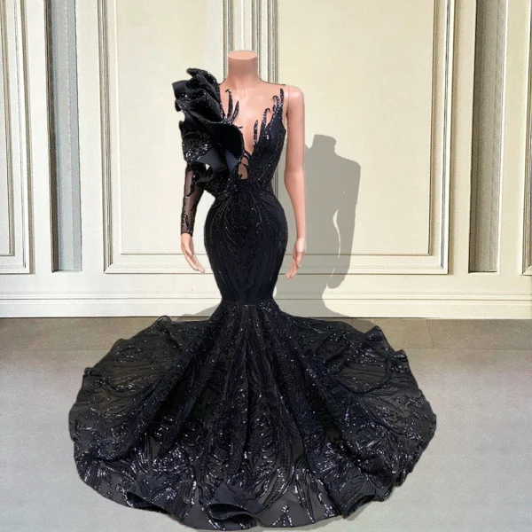 Sequin Long Mermaid Prom Dresses 2024 Black Girl Luxury Ruffles Sleeve African Formal Gala Gown for Wedding Party Customized - Image 3