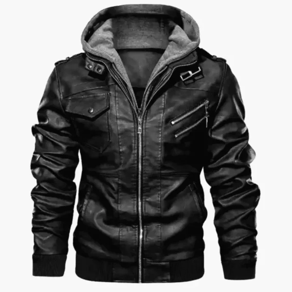 New Fashion Men’s Motorcycle Leather Jackets, Detachable Hooded Slim Casual Leather Coats