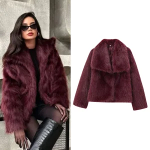 HXAO Women’s Fur Coat 2024, Plush Burgundy Bomber Jacket, Warm Winter Coats