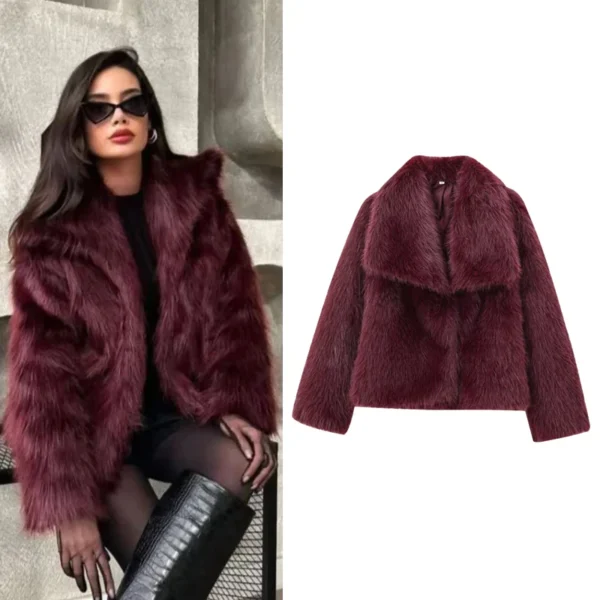 HXAO Women’s Fur Coat 2024, Plush Burgundy Bomber Jacket, Warm Winter Coats