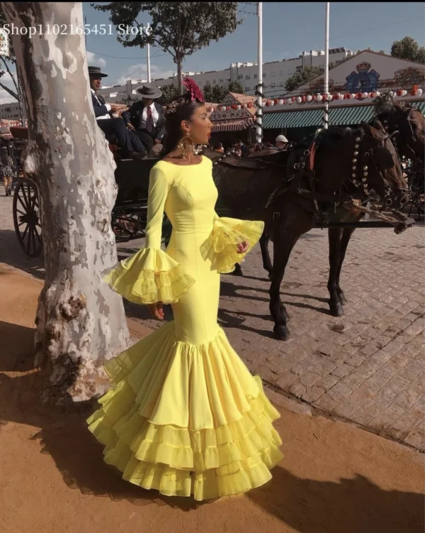 Yellow Flamenco Dress Women Mermaid Prom Dresses Spanish Ruffles Tiered Long Sleeves Evening Formal Party Wear Customized - Image 5