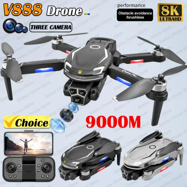 V888 Brushless Drone 8K Professional HD Triple Camera Obstacle Avoidance No GPS Optical Flow Positioning RC Quadcopter Toy