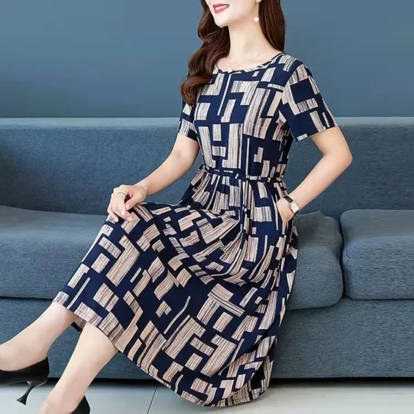 Elegant Medium-length Slimming Dress For Women Summer Plus Sizes Short Sleeves Printing Waist-fitted Slims Smooths Silhouette